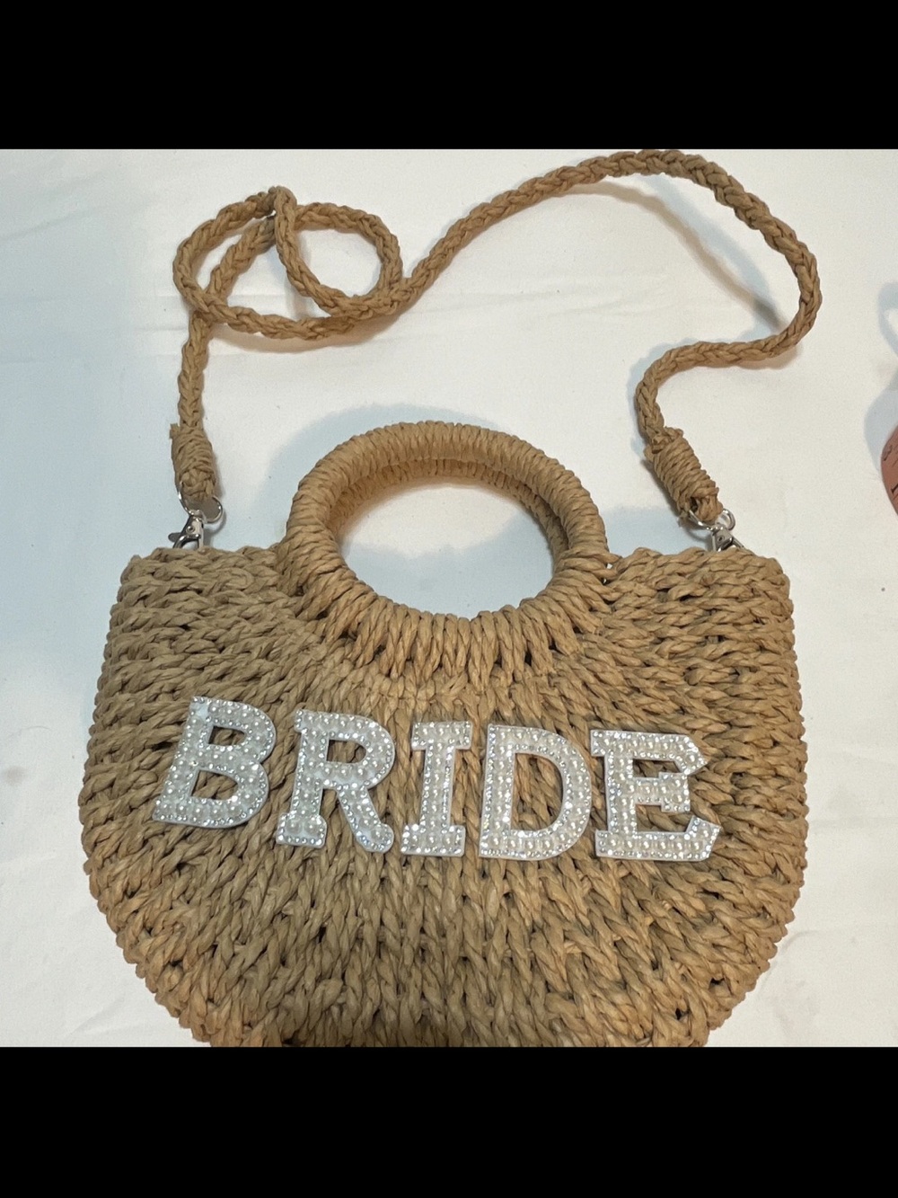 Source Unknown Natural Straw Crossbody Bag with 'BRIDE' Rhinestones